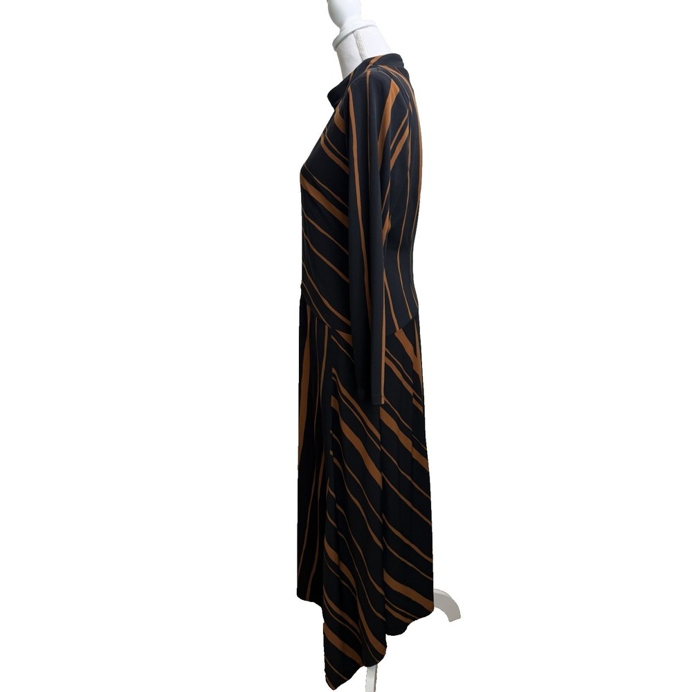 Taylor Women's Black and Rust Stripe Midi‎ Dress Asymmetrical Hem High neck L - Picture 3 of 7